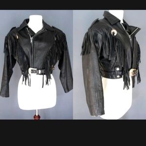 Vintage 80s cropped leather fringe moto jacket w/ Conchos rocker glam!